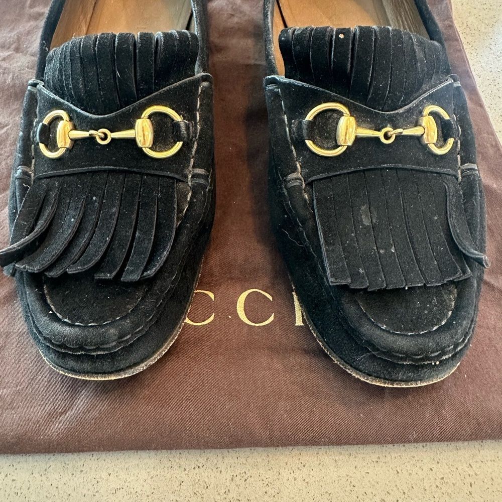 GUCCI Women's Horsebit Fringe Suede Black Loafers EU 37 - Picture 4 of 9